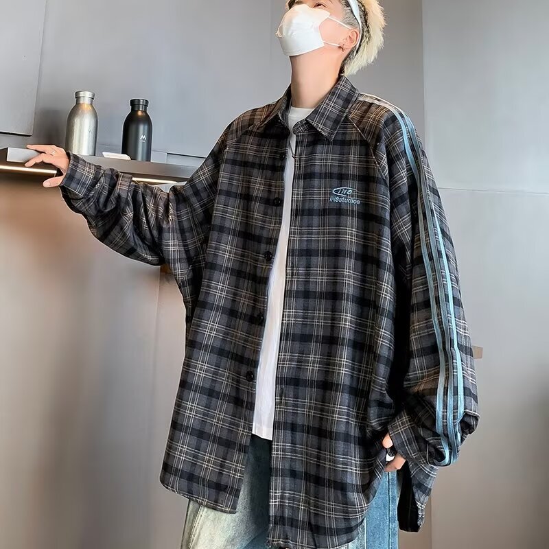 Ins American Retro Plaid Long-Sleeved Shirt Men's Autum Design Splicing Casual Versatile Shirt Couple Wear Trendy