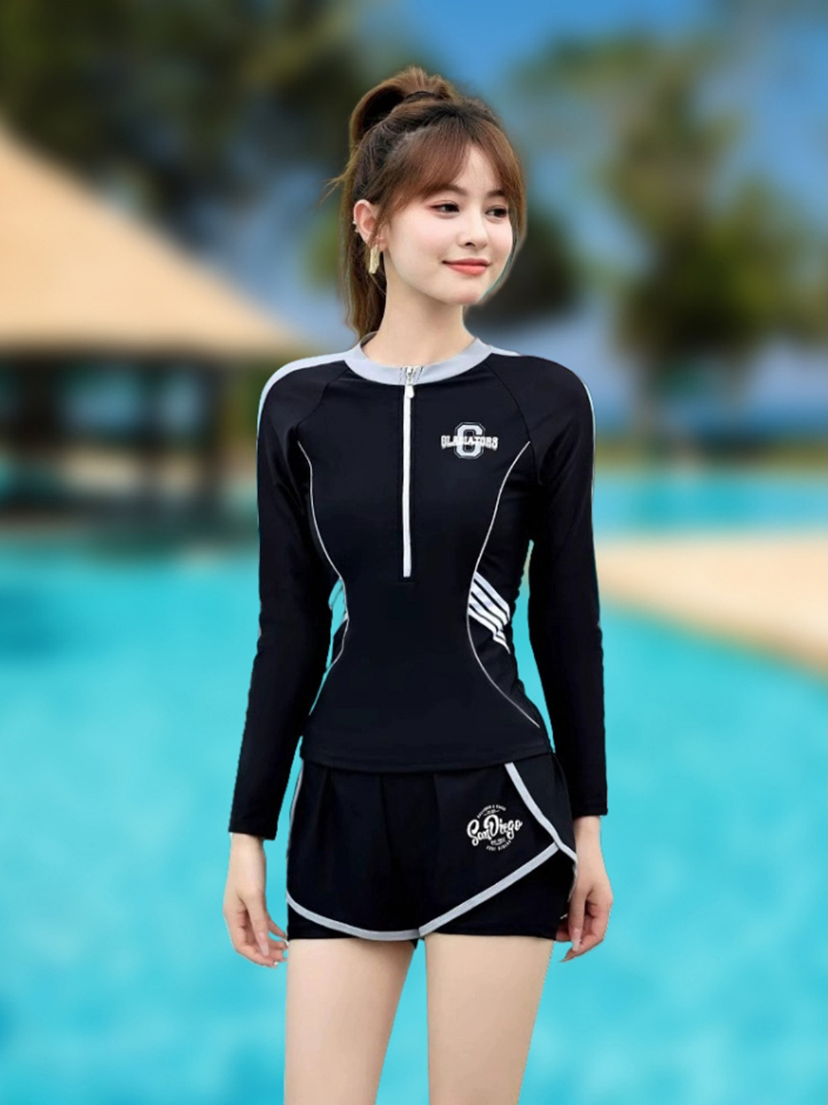 Trajes de baño de mujeres conservadores divididos 2024 nueva explosión chica pequeña gorda cubierta de carne de manga larga protección solar para estudiantes piscina especial