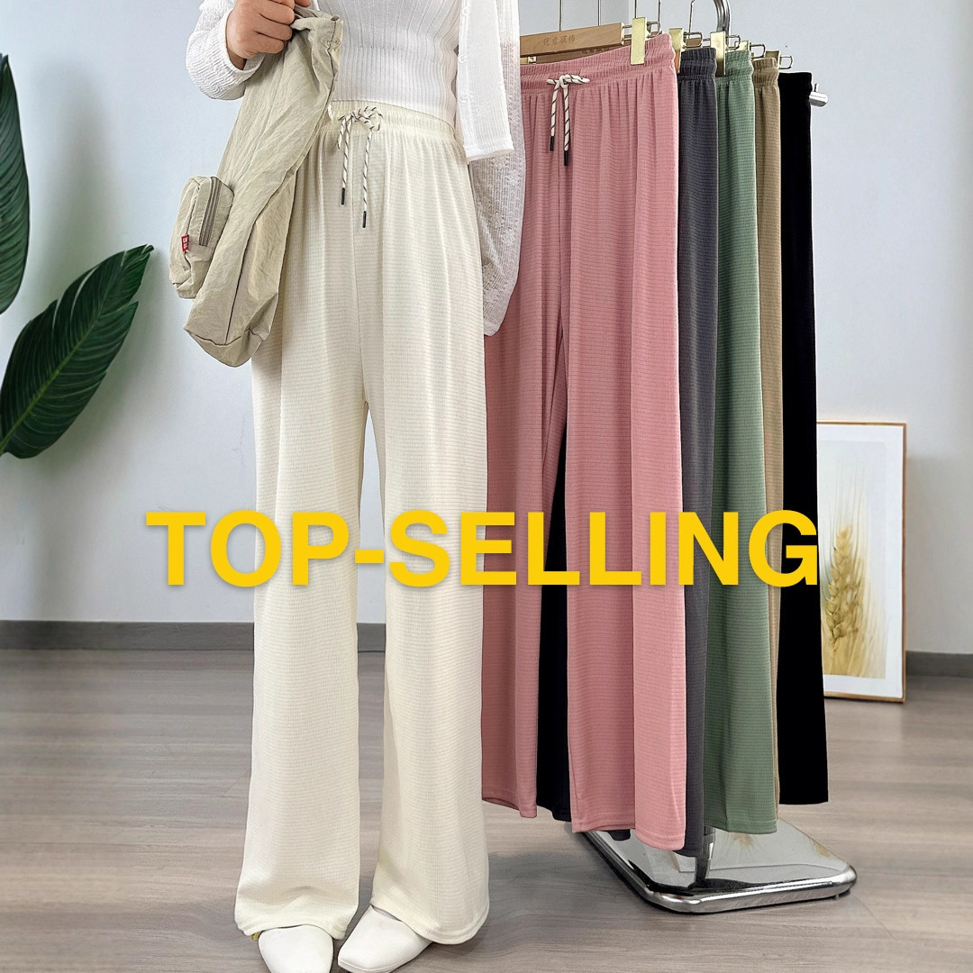 Top Export Women's Pants with Lattice Pattern, Southeast Asian Style, Tie-Up, Spring and Summer Slim-Fit Narrow Wide-Leg Pants, High-Waisted, Leg-Lengthening