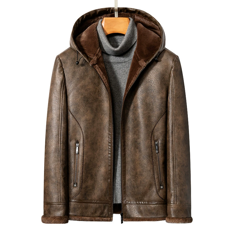 Новая зимняя мужская куртка Haining из натуральной кожи из телячьей кожи на флисовой подкладке, утепленное пальто для папы, кожаная куртка с капюшоном для мужчин