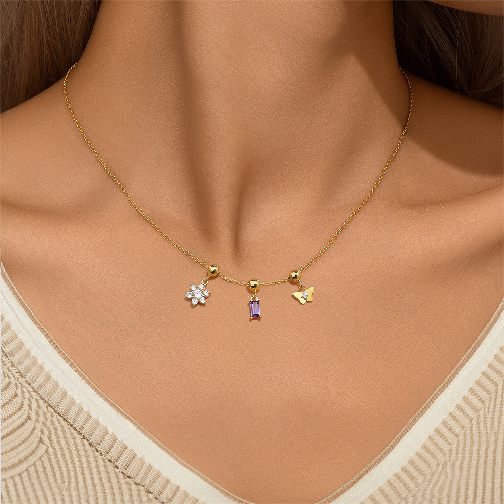 925 Sterling Silver Material 925 Sterling Silver Zircon Cable Chain Plating Butterfly Multi Charms Necklace