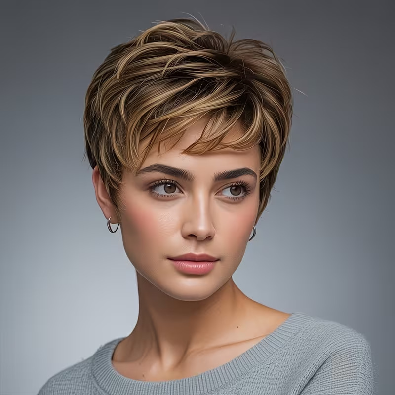 Cross-border highlighted pixie short hair wig with layered cut, lightweight and breathable inner net, European and American style, full wig for middle-aged people Cross-border highlighted pixie short hair wig with layered cut, lightweight and breathable inner net, European and American style, full wig for middle-aged people