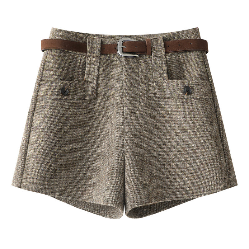 Trendy Brown Woolen Shorts for Women 2025 Autumn/Winter New High-Waisted A-Line Wide-Leg Pants for Petite Figures, Suitable for Wearing with Boots