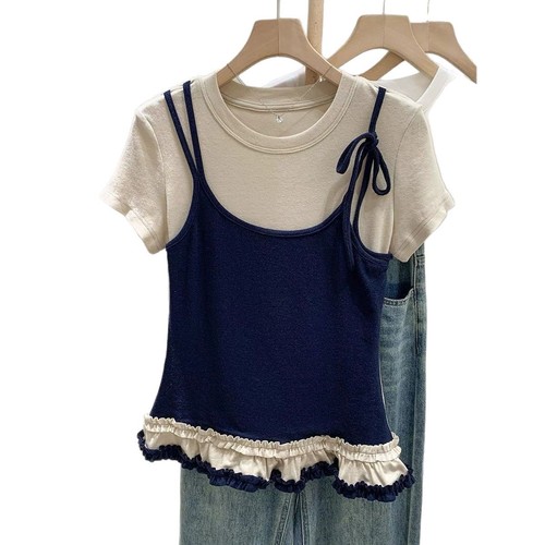 2025 Summer Navy Blue Oatmeal Color Round Neck False Two-Piece Color Block Short-Sleeve T-Shirt for Women, Fitted Top, Trendy