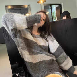 韩系慵懒风针织衫上衣一字领长袖马海毛女秋冬宽松百搭条纹毛衣