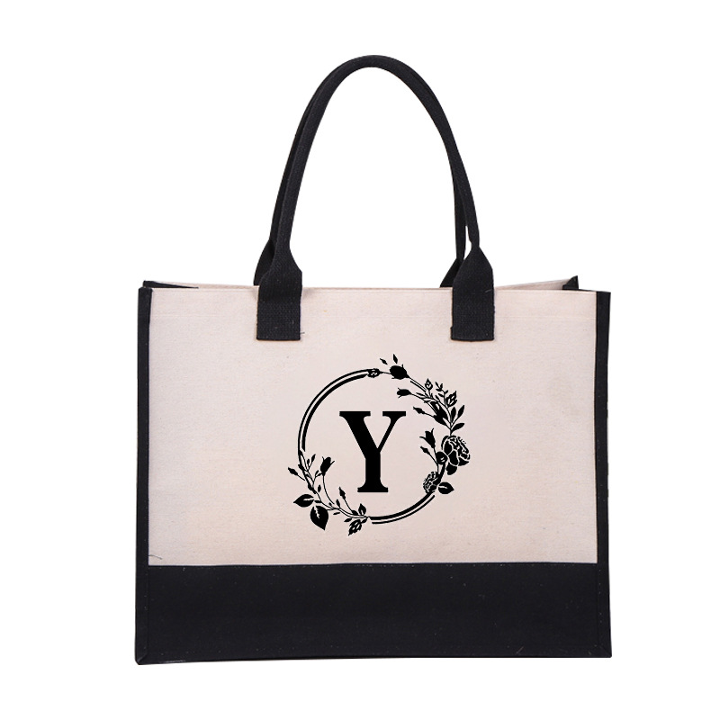 En stock de algodón y lino lienzo carta bolsa de playa moda europea y americana bolso de compras de la lona del bolso logotipo personalizado