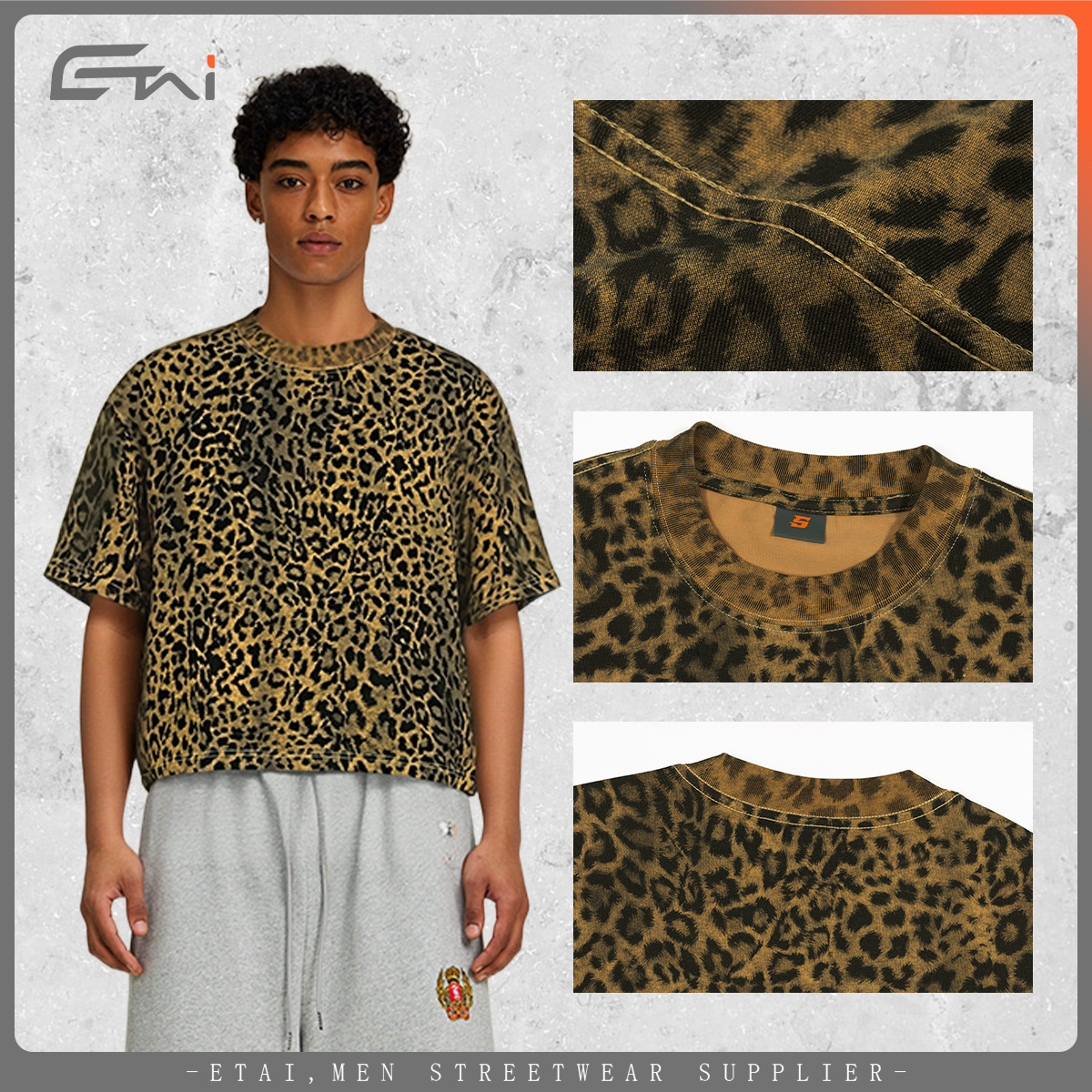 Verano nueva marca de moda impresa leopardo camiseta de manga corta hombre corto suelto ropa de hombre adolescente hombro de cuello redondo manga corta