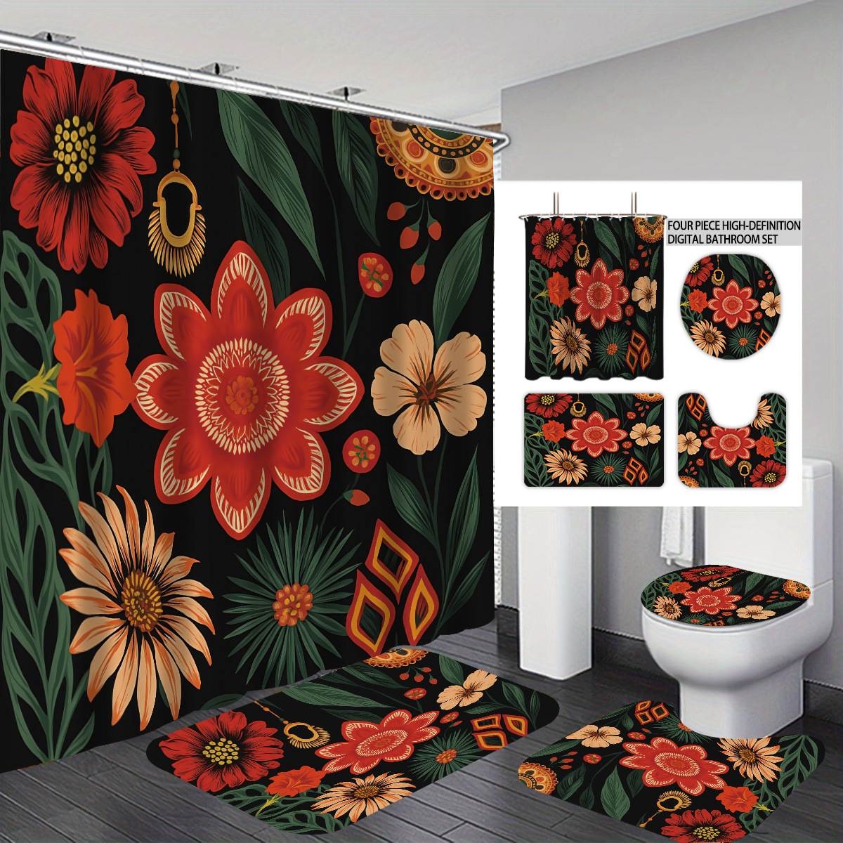 Agente de poliéster Mei Ke más cortina de baño impermeable serie de agua floral 3D impresión digital cortina de baño cuatro piezas alfombra absorbente