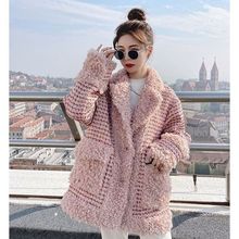 2023年冬季小香风羊羔毛时尚宽松粉色格子拼接修身加厚棉服外套女