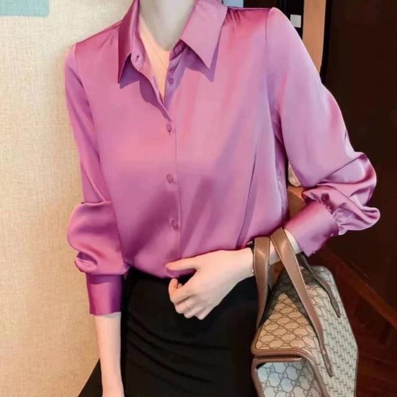 醋酸缎面衬衣女职业装春夏复古港味风设计感小众长袖衬衣白色|undefined