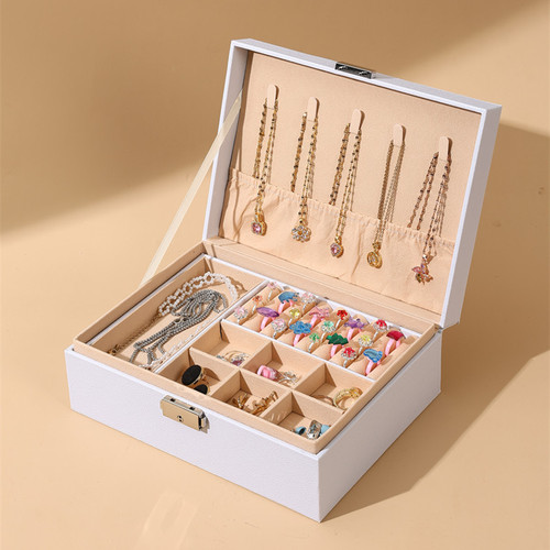 Double-layer PU leather jewelry box, large capacity jewelry box, earring and necklace storage box, bracelet box with lock