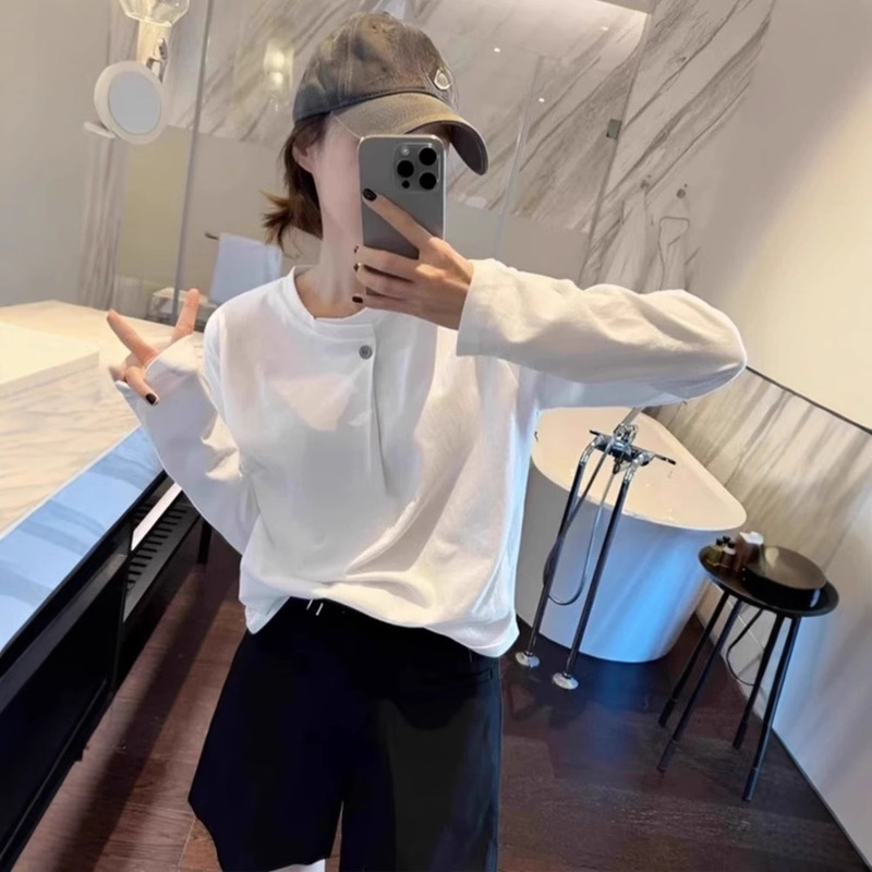 Korean Style Cotton One Button White Long Sleeve T-Shirt Women's 2025 Spring New Loose Casual Interior plus size White T-Shirt Korean Style Cotton One Button White Long Sleeve T-Shirt Women's 2025 Spring New Loose Casual Interior plus size White T-Shirt