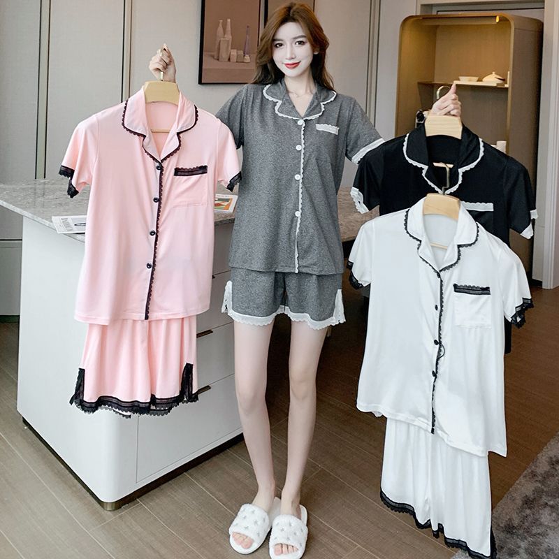 Venta al por mayor transfronteriza de nuevos pijamas de celebridades de Internet de encaje para mujer cárdigan de verano traje de encaje de solapa imitación algodón moda servicio a domicilio