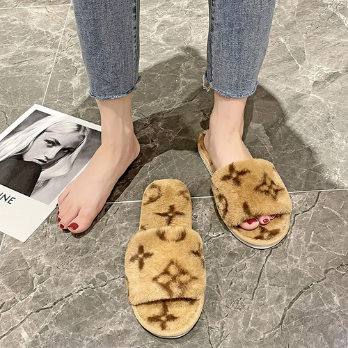 new cross-border flower imitation rabbit fur slippers for women's home warm fur flat bottom open cotton slippers
