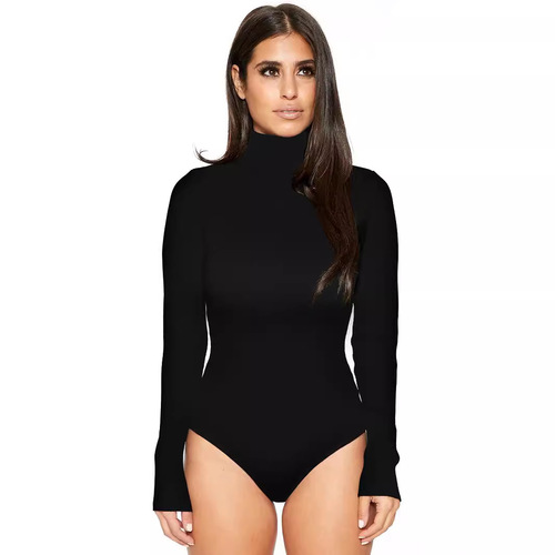 Lingerie base top for women with a stand-up collar, long sleeves, and a slimming effect, featuring a pure color tight-fitting one-piece set