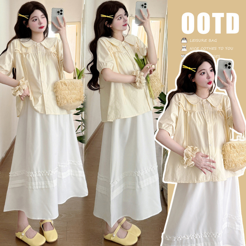 Real Shot of Ready-Made Doll Collar Loose Lace-Up Design Shirt + Lace Skirt