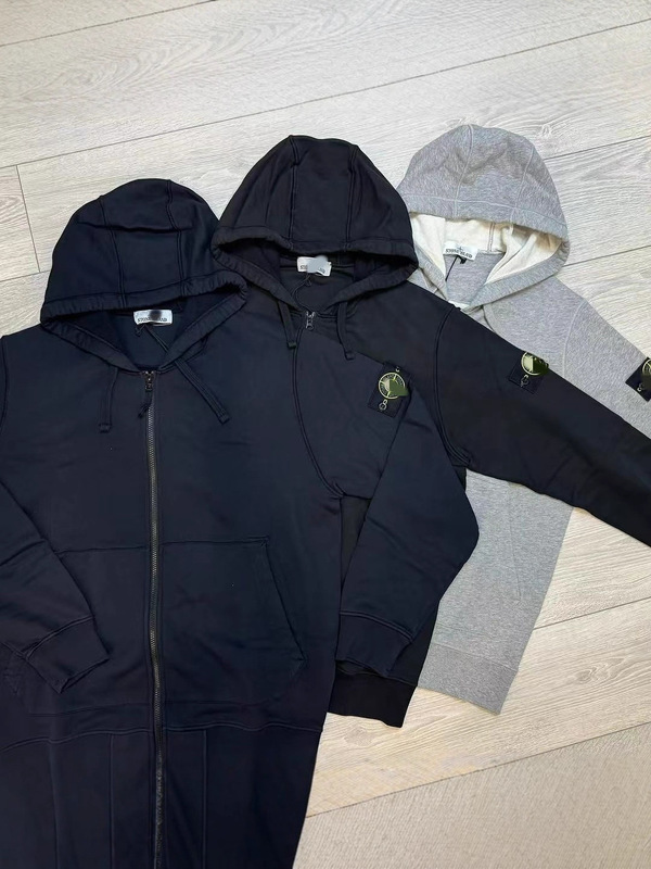 Foreign Trade Ston Shirt Autumn and Winter Unisex Hooded Sweatshirt Solid Color Island Sleeve Badge Style Zip-Up Sweatshirt Jacket