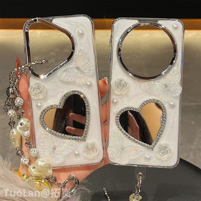 Suitable for Huawei Pura70Pro Mobile Phone Case 60Pro White Rose Butterfly Flash Diamond Heart Mirror Mate70 Female Model