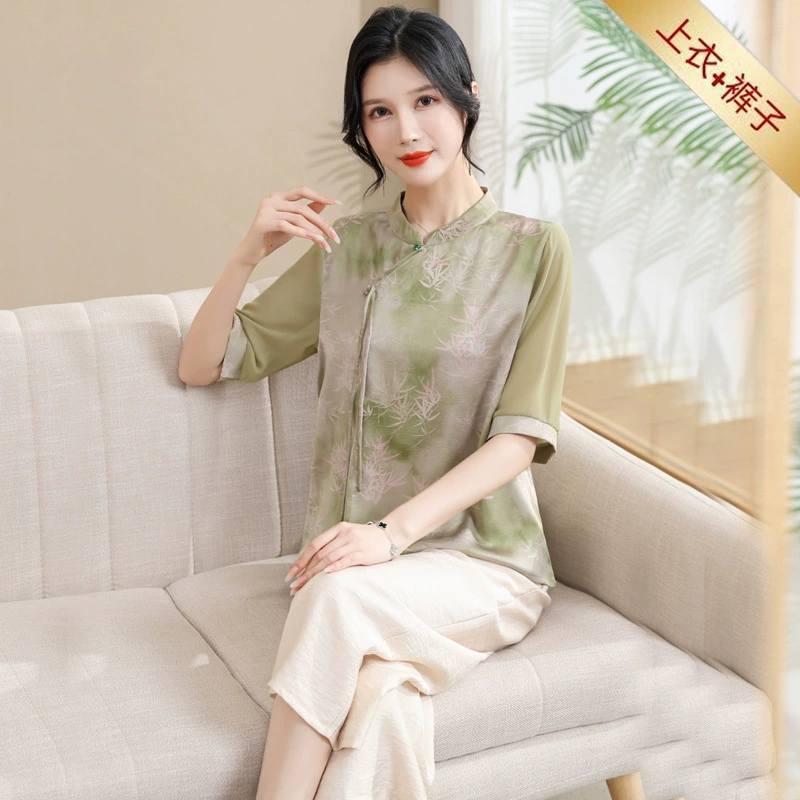 50-летняя мама летняя новая рубашка с короткими рукавами 2024 среднего и пожилого женского темперамента элегантная китайская футболка в стиле национального стиля