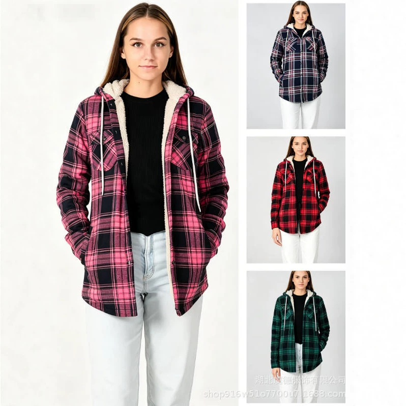 2026 Amazon Cross-Border Autumn and Winter Women's Plaid Flannel Jacket Hooded Lapel Buttoned Lambswool Jacket