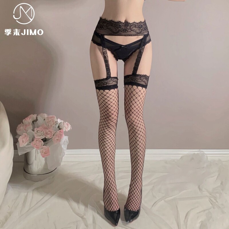Sexy lace sling black silk one-piece socks women's mesh socks ins trendy pure desire style lace over-the-knee stockings A24