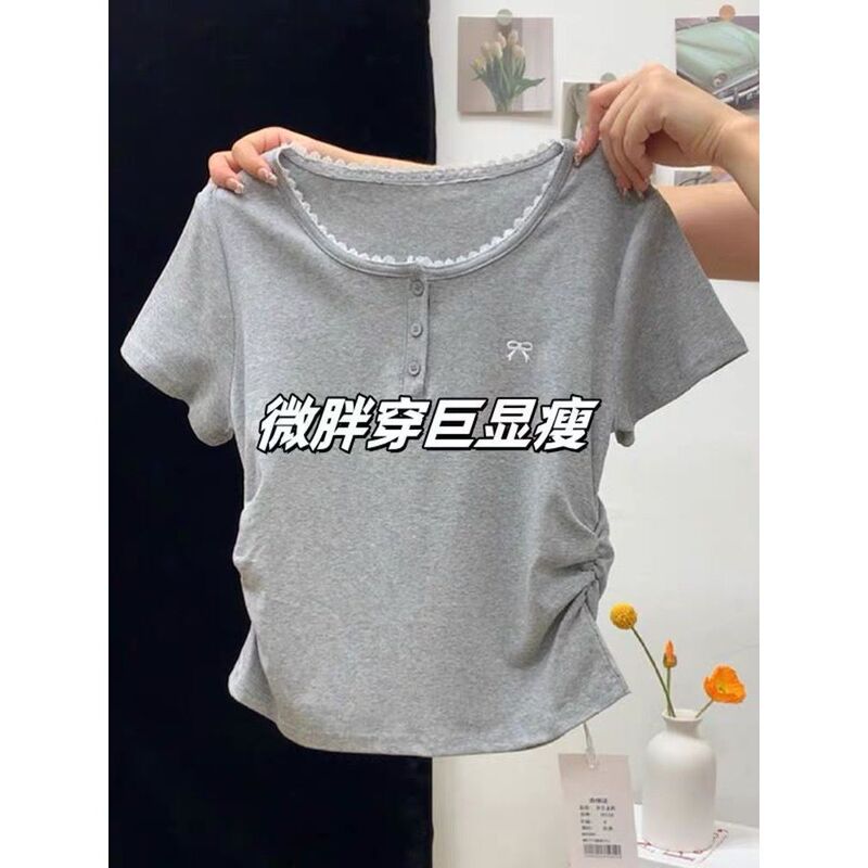 Cotton Grey Lace Shoulder Short-sleeved T-shirt Women's Summer New Pleated Waist All-match Bow Top