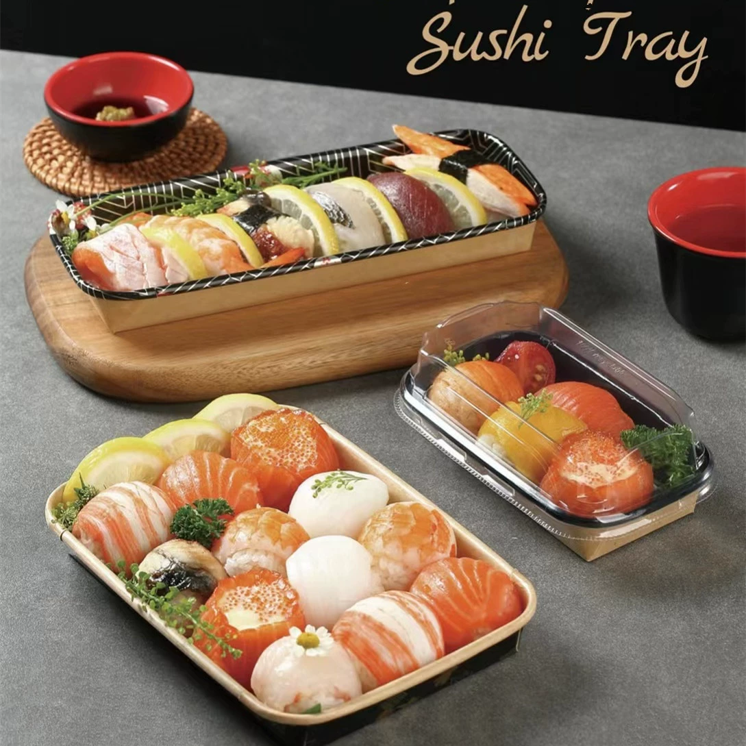 Одноразовая печатная крафт-бумага тарелка с прямоугольной крышкой суши десерт