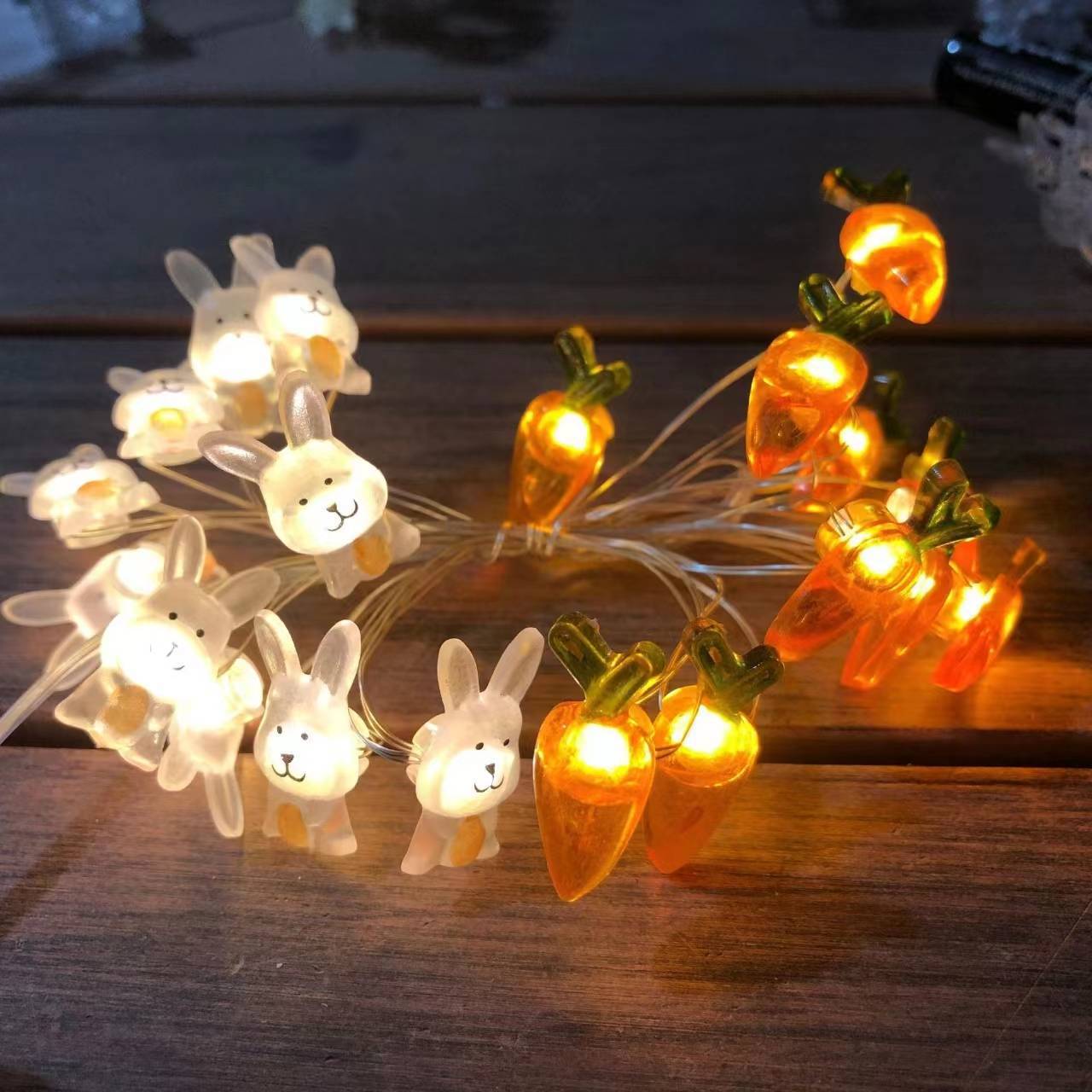 LED cable de cobre lámpara de modelado conejo zanahoria huevo pollo de Pascua decoración lámpara cadena de batería atmósfera de vacaciones
