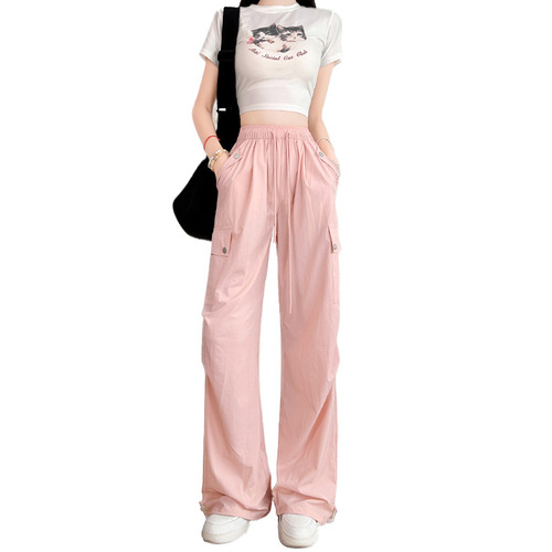 Black American Style Quick-Dry Work Pants for Women - Summer Thin Version 2025 Loose Casual Wide Leg Parachute Soldier Hiking Pants