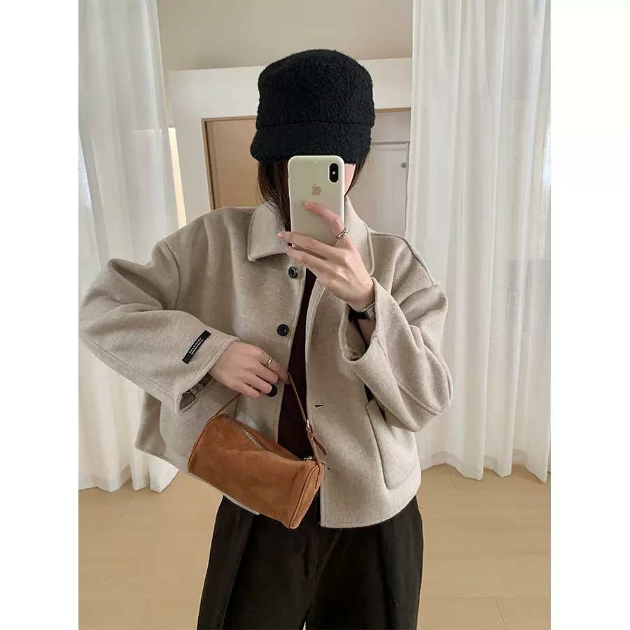 黄峥高级感羊毛混纺翻领外套女秋冬小个子通勤短款呢子上衣541041