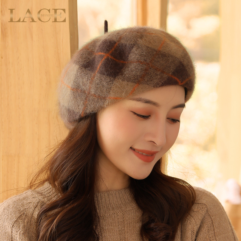 Mũ nồi beret nữ thu đông phong cách bí ngô phồng, giữ ấm tai, lông thỏ mềm mại — Màu đen