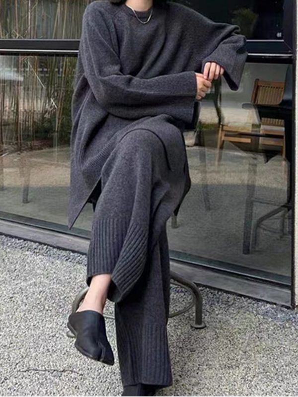 Alto sentido otoño e invierno nuevo suelto split suéter casual pantalones de dos piezas conjunto de luz madura temperamento traje de las señoras