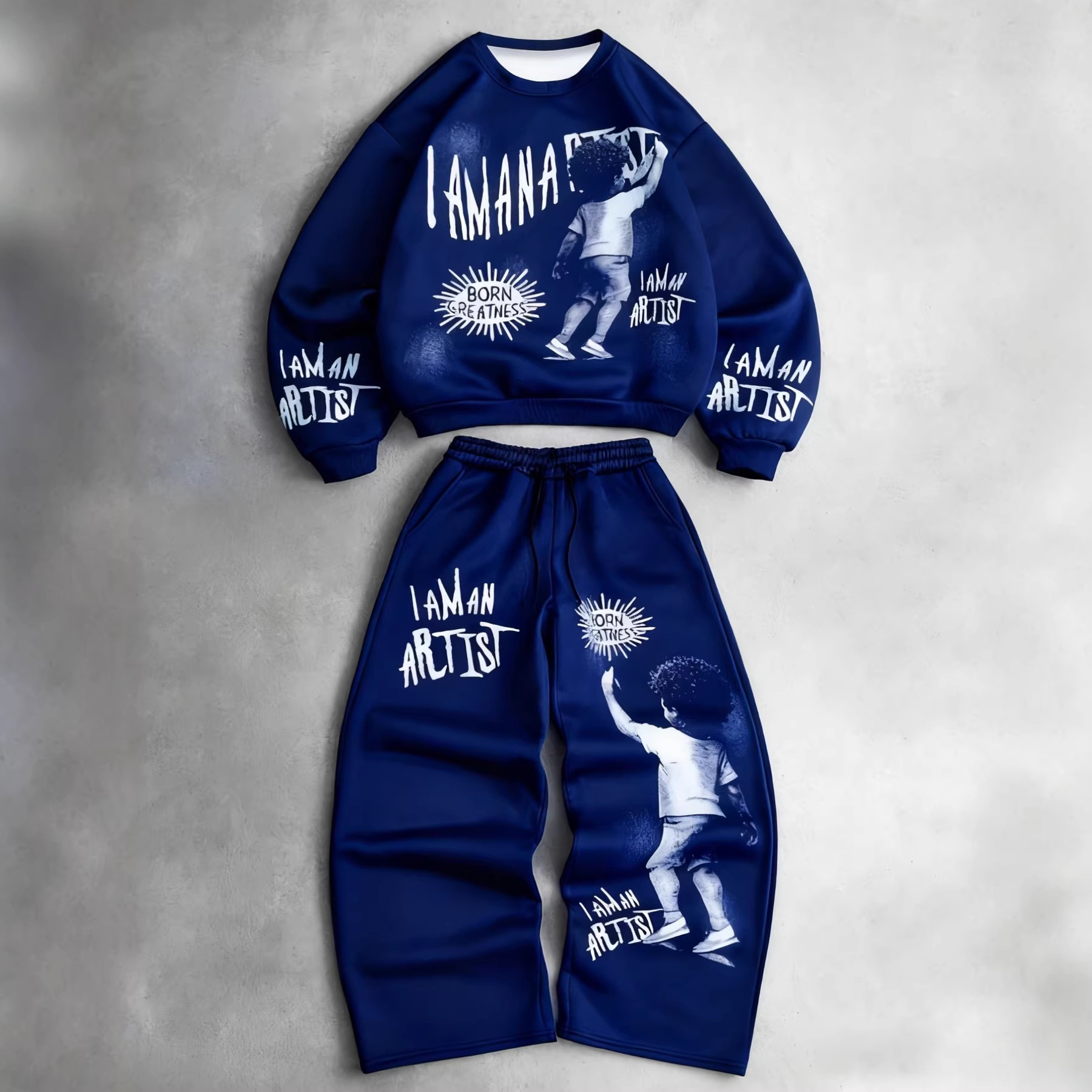 Bedruckter Herren-Trainingsanzug „I AM an ARTIST“: Stylischer Rundhals-Hoodie und Jogginghose – bequemes Zweiteiler-Outfit für Freizeit und Streetwear._voghion.com