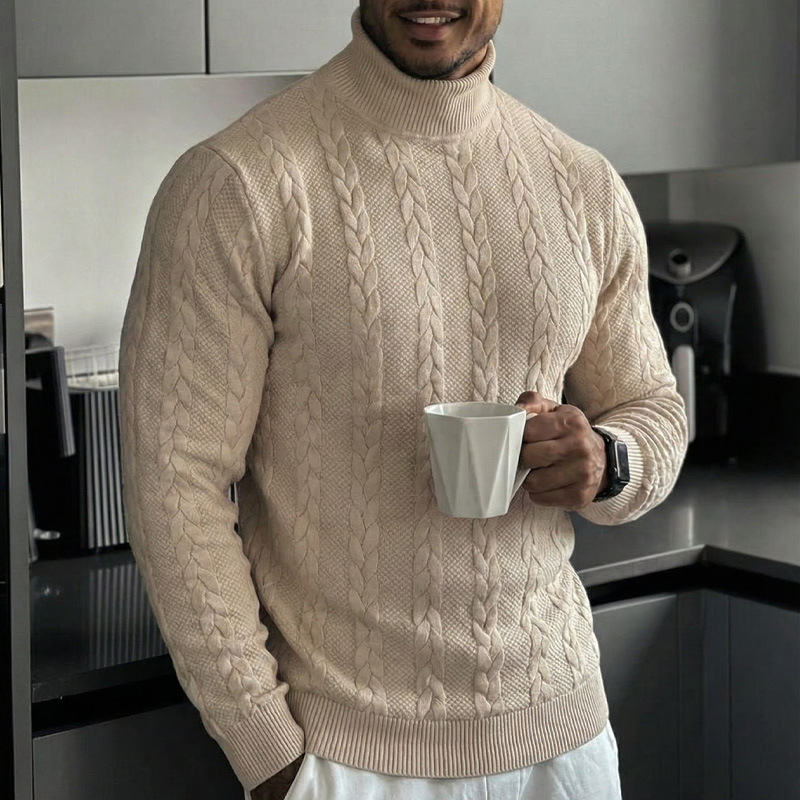 Cross-Border European Size Autumn and Winter Knitwear for Daily Outdoor Casual Wear, Solid Color Fashion Jacquard High-Neck Warm Sweater for Men
