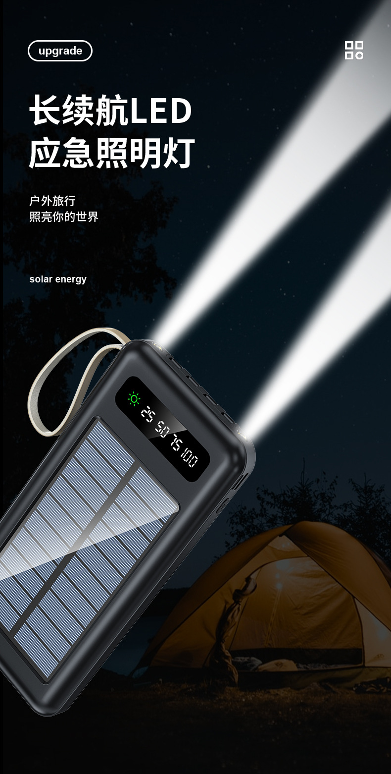 Sınır ötesi toptan satış açık hava güneş enerjili powerbank büyük kapasiteli 20000 mAh kompakt mobil güç kaynağı dahili kablolu