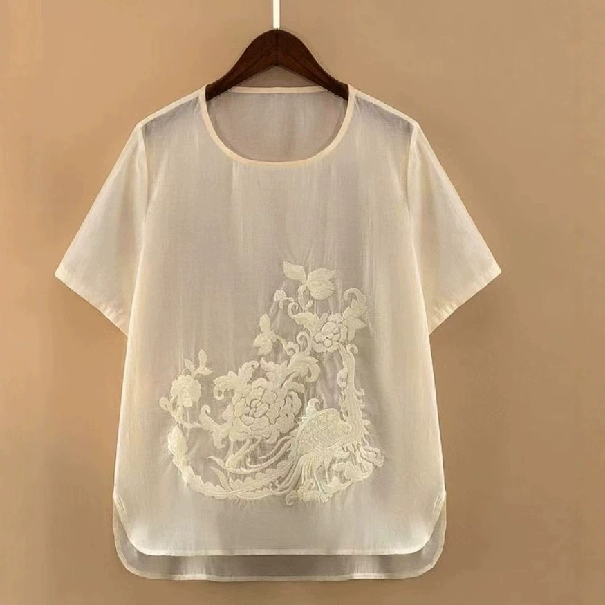 Дропшиппинг 2025 лето новая блузка в китайском стиле с вышивкой женский пуловер с круглым вырезом базовая рубашка футболка топ