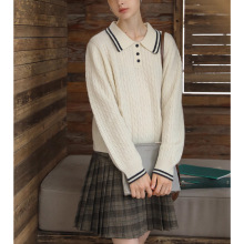 2025年春秋新款学院风Polo领美利奴全1羊毛撞色针织毛衣女