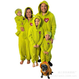 A large number of in stock Christmas Europe and the United States green hair monster family Christmas parent-child suit pajamas Grinch clothing living