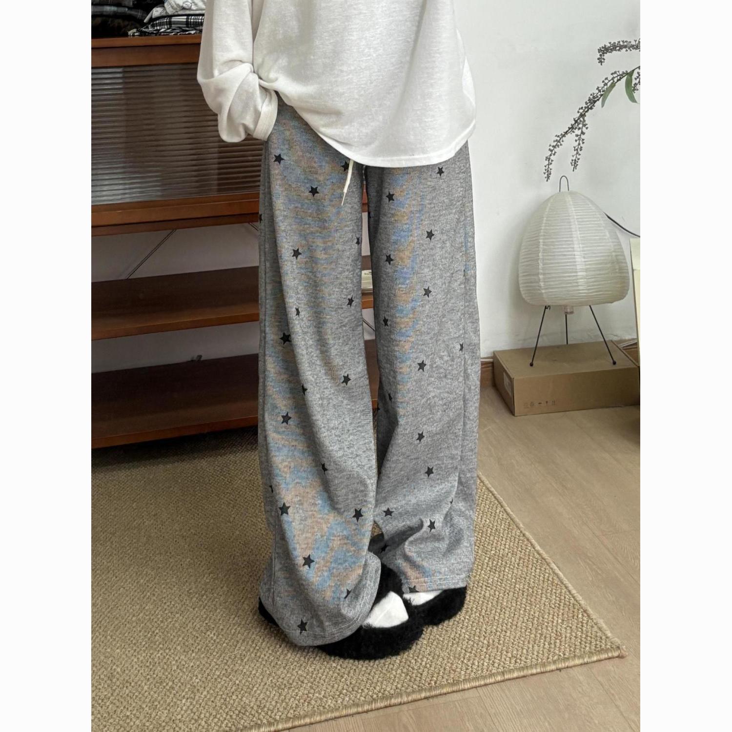 Gray Star Print Casual Pants for Women 2025 Winter Fleece-Lined New High-Waist Walking Glutinous Rice Loose Wide-Leg Pants Soft