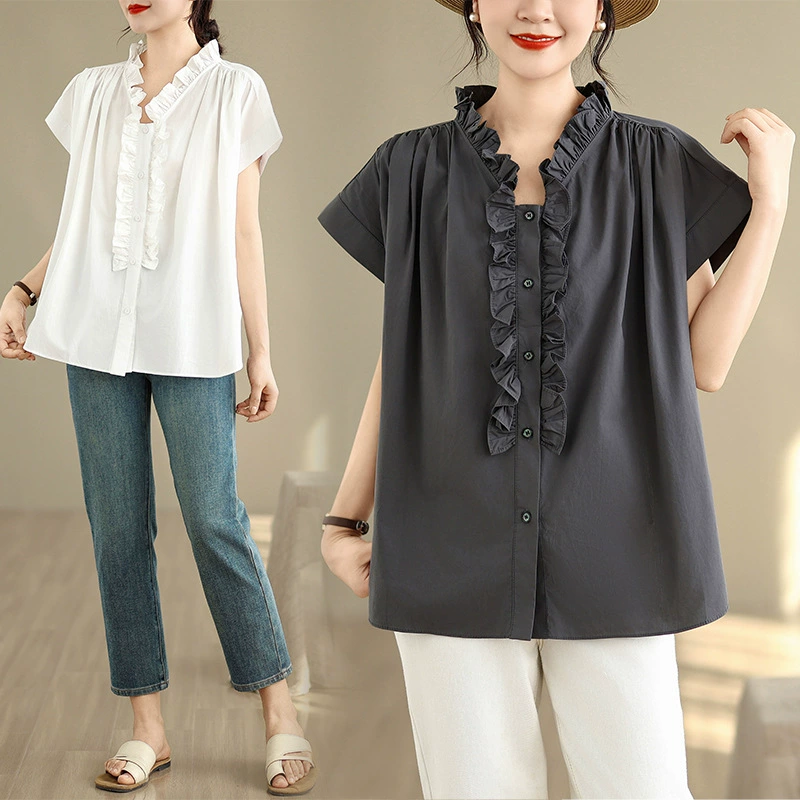 Реальная стрельба ~ Дизайн Чувство деревянных ушей свободная повседневная рубашка женская нишевые шикарный уникальный топ с короткими рукавами