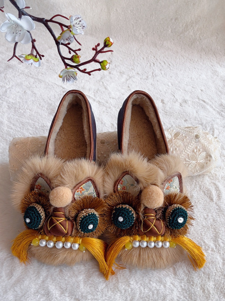 Real Fur Handmade Original Tiger Head Shoes 2026 New Style Cloth Shoes for Women, Flat Soft Hanfu New Chinese Style Traditional Craftsmanship Shoes