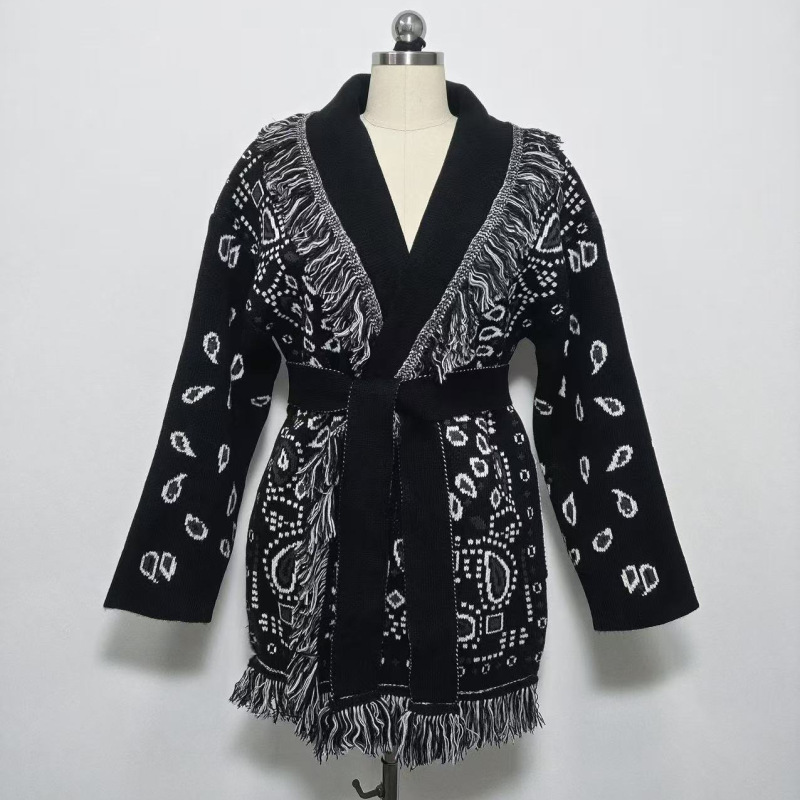 European and American Cross-border Autumn and Winter Thickened Tassel Jacquard Mid-length Cardigan Women's Loose Color-block Retro Lapel Sweater Jacket