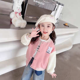 女童长袖夹克中小童卡通条纹立体拼色春秋新款条纹时尚棒球服外搭