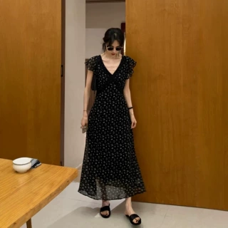 BRIVIN法式黑色肌理蕾丝碎花连衣裙女夏新巨好看V领收腰显瘦长裙