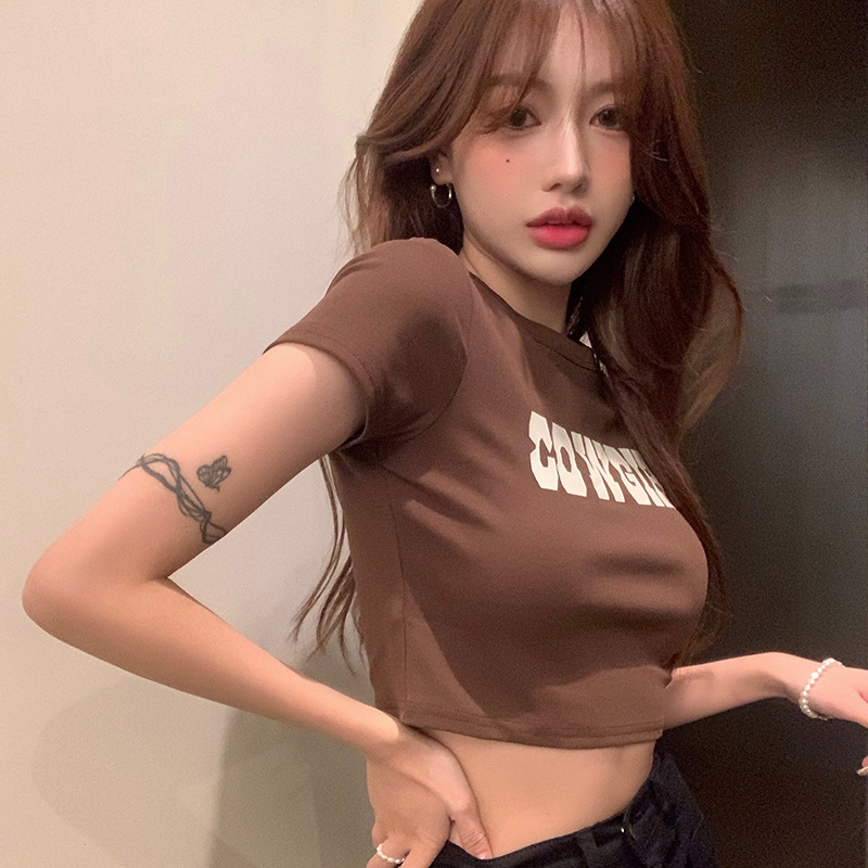 American Retro chica caliente de manga corta Camiseta de las mujeres slim fit adelgazamiento cintura alta recortada Top ins moda Verano 2024