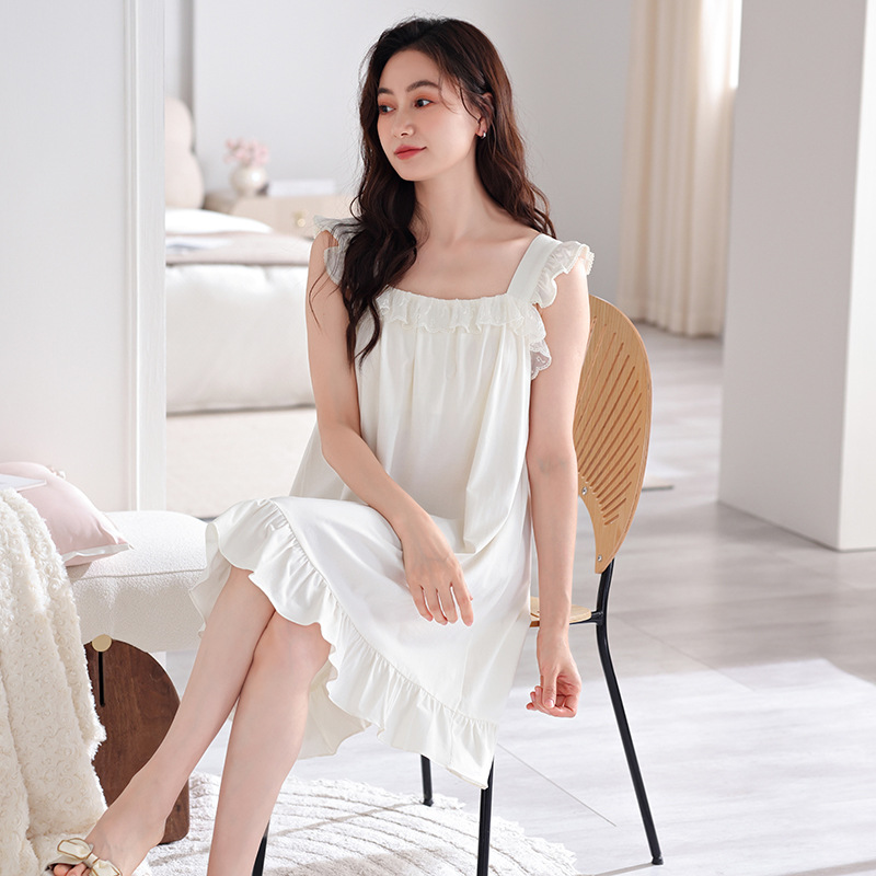 Nightdress women's summer cotton summer thin strap nightdress with chest pad women's sweet sexy homewear mid-skirt