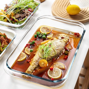 Glass Baking Pan, Steamed Fish Plate, Household Heat-Resistant Microwave Oven, Rectangular Utensil, Small Seafood Plate