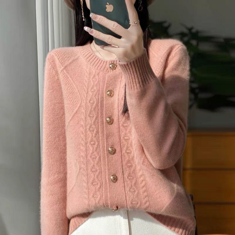 Cashmere Cardigan, Round Neck, Women's Twist Pattern, 2025 New Style, Loose Sweater, Knitwear, Short Coat, Thickened Autumn and Winter Top
