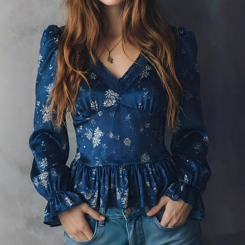 Dark Blue Velvet Top with V-Neck Lace Trim + Puffed Bell Sleeves, Waist-Cinching, Ruffled Hem, Popular in Europe and America