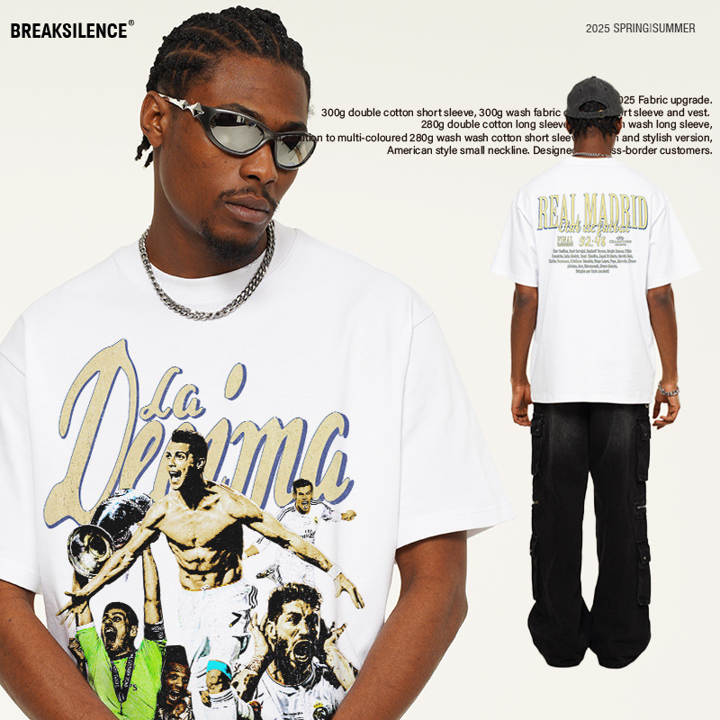 2025 Cross-border New 2014 Champions League Football vintage300 Heavy Short-sleeved T-shirt American Retro T-shirt